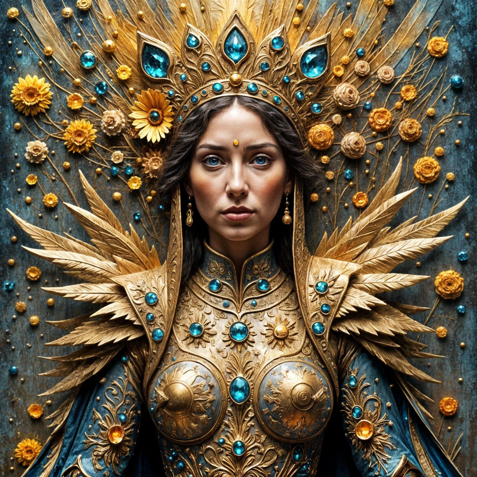 Princesse guerrière futuriste en armure métallique avant-gardiste, avec coiffure audacieuse, dans un environnement nébul...