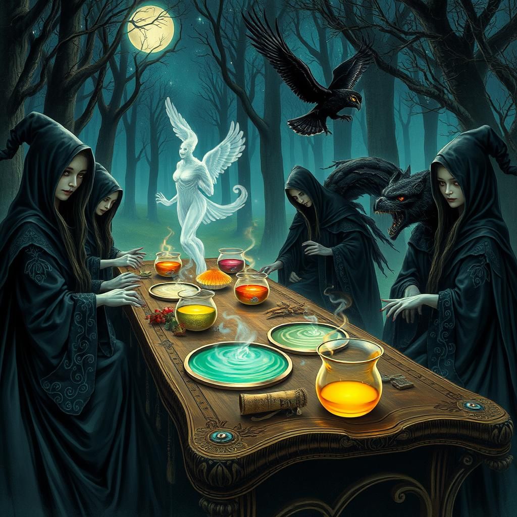 Witches Brew Potions in Beksiński-Giger-Stalenhag Style