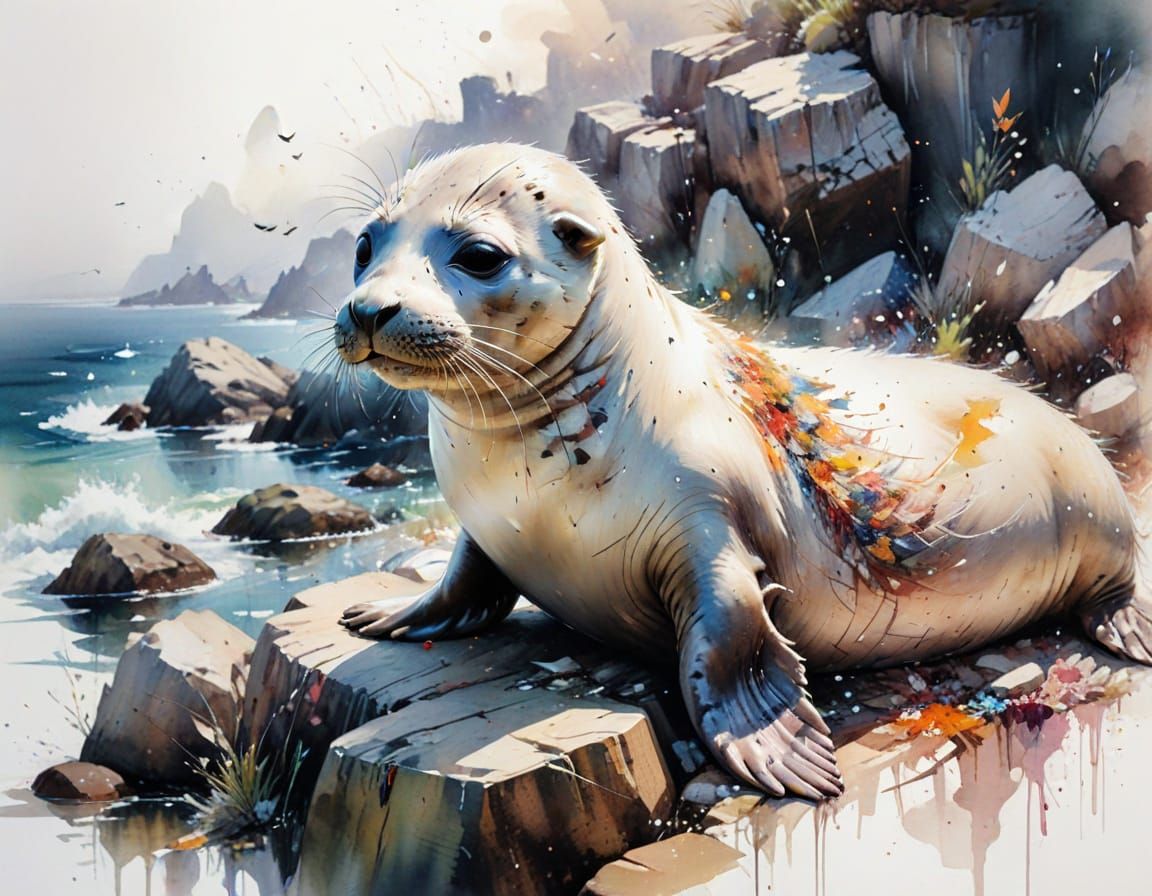 Seal Pup Basking: A Neo-Impressionist Oil Painting