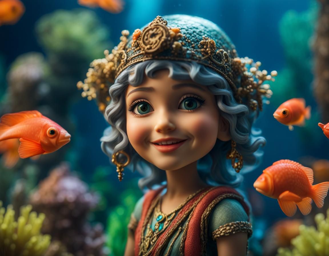 Underwater Fairy Village with Smiling Gypsy Girl