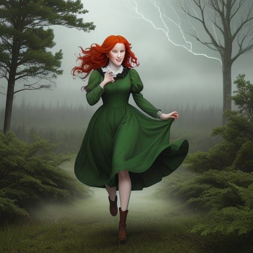 Redheaded Girl in Haunted Wood Storm, Anime Storybook Style