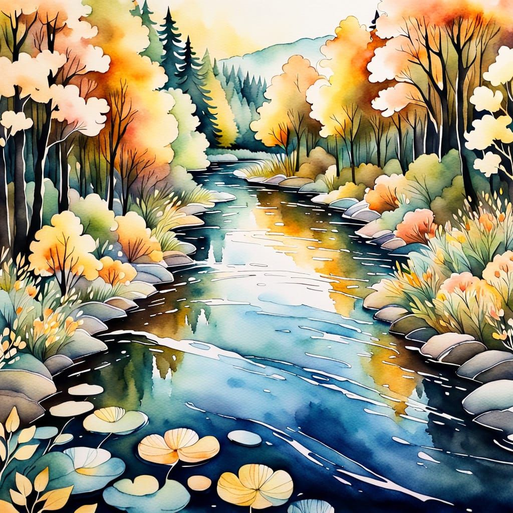 Serene River Scene in Watercolor Paper Art