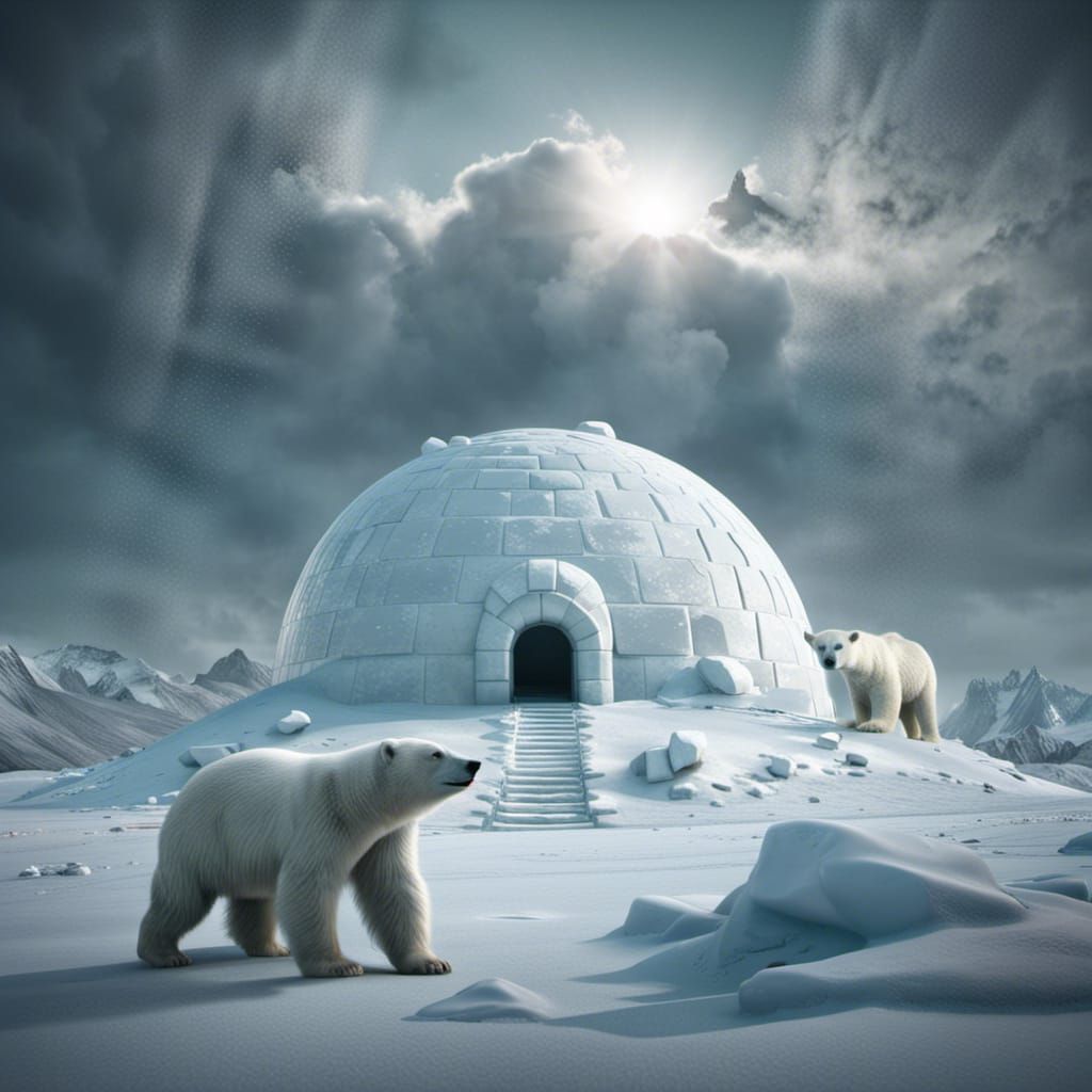 Polar Bear and Igloo on Icy Landscape