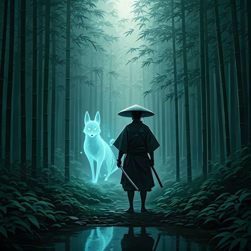 Samurai and Spirit Fox in Bamboo Forest: Japanese Art