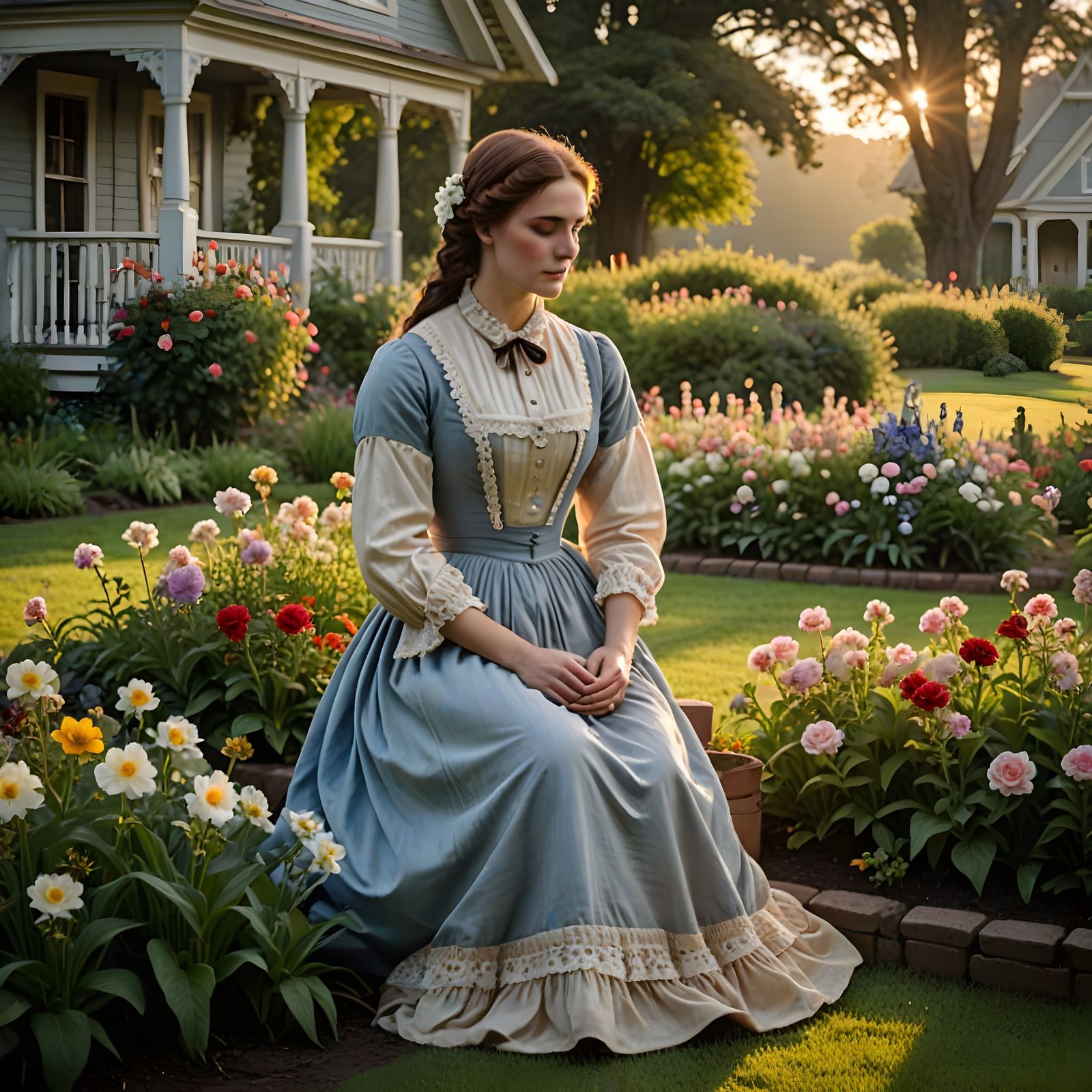 Young Woman Contemplates Morning Sunshine in a Victorian Cou...