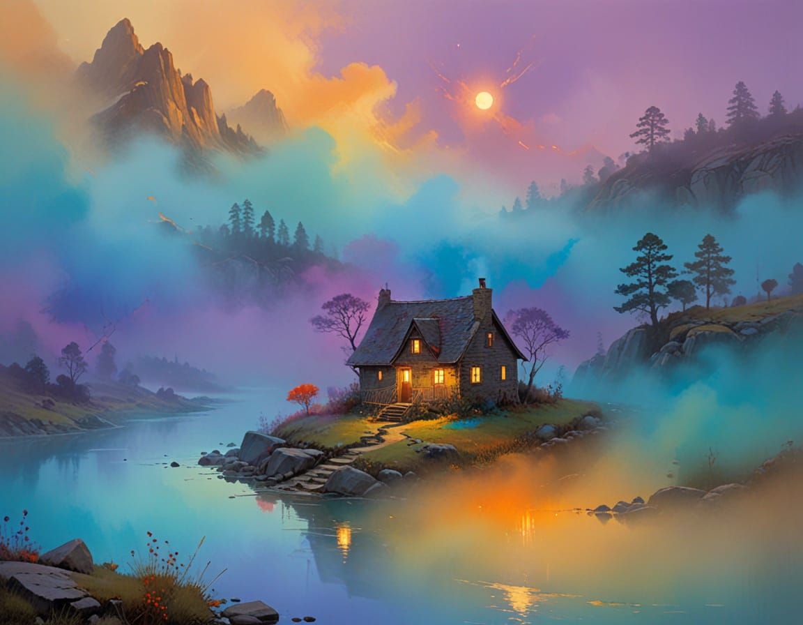 Rustic Cottage Amidst Vibrant Misty Morning