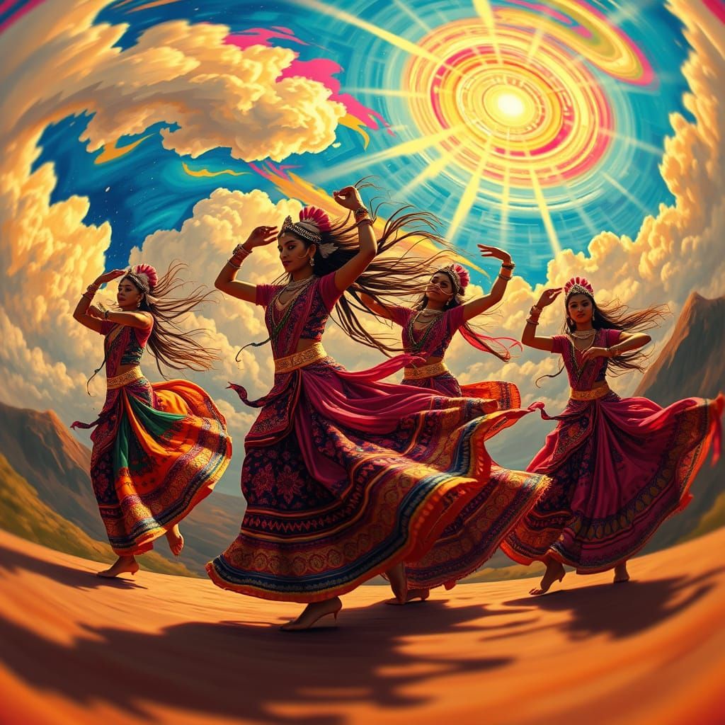 Vibrant Dancers in Surreal Landscape with Intricate Embroide...