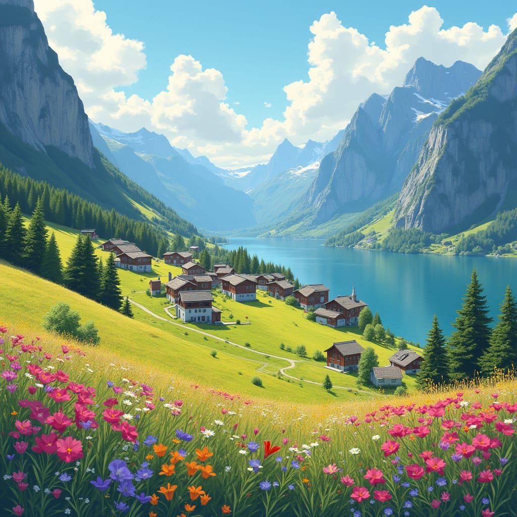 Whimsical Fjord Village in Candy Art Style