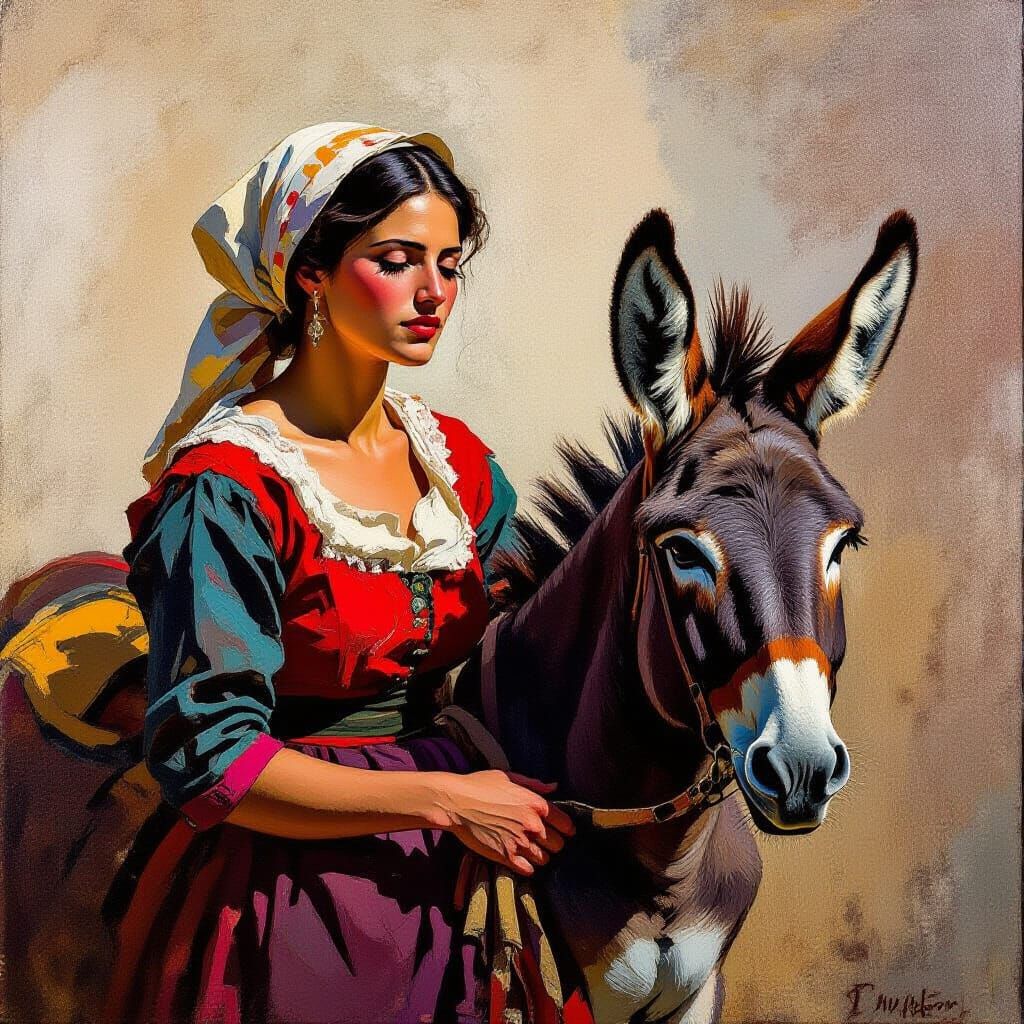 Sicilian Woman and Donkey in Baroque Expressionist Style