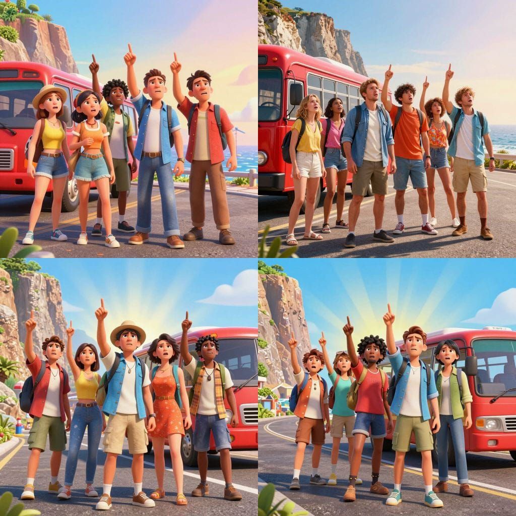 Angry Tourists Point Up From Coastal Road Beside Red Bus