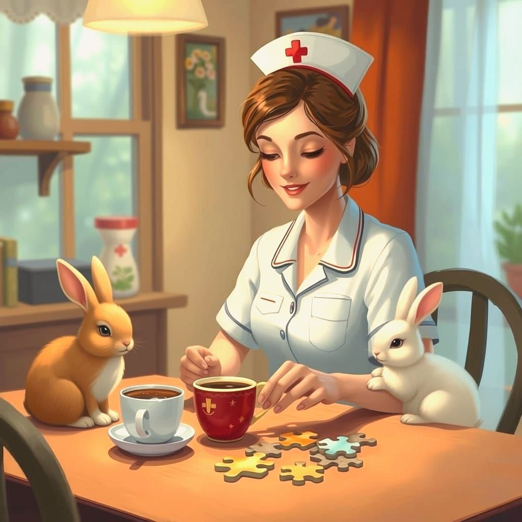 Nurse Playing Jigsaw With Bunnies and Coffee