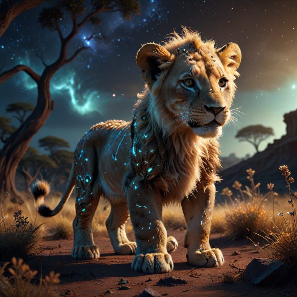 Majestic Lion Cub on Alien Savanna in Dramatic Light