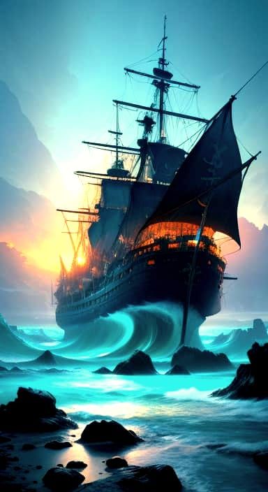 Bioluminescent Pirate Ship on Rocky Shoreline