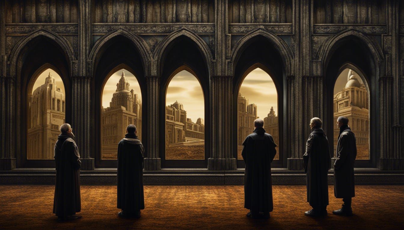 monumental building with multiple square windows in the background with three people in shadow in the foreground, thinki...