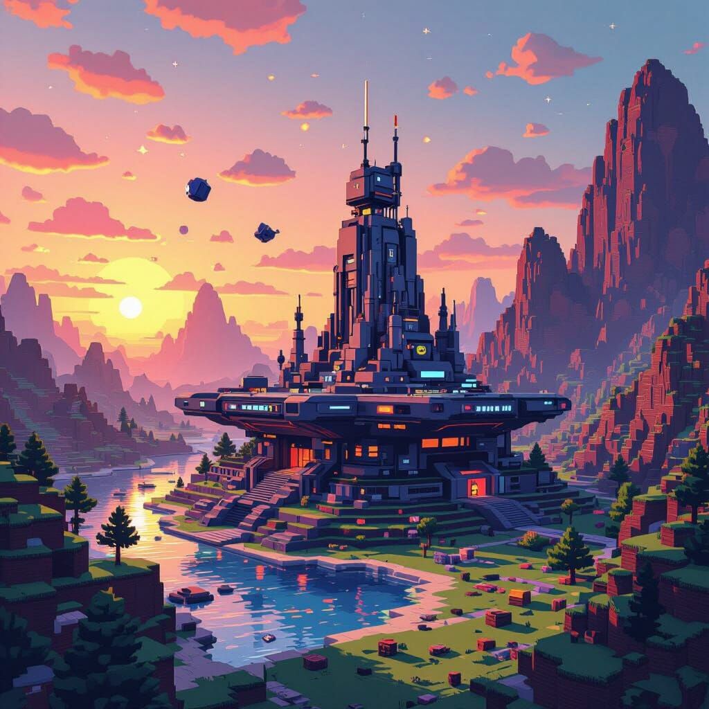 Blocky Space Base in Minecraft Landscape