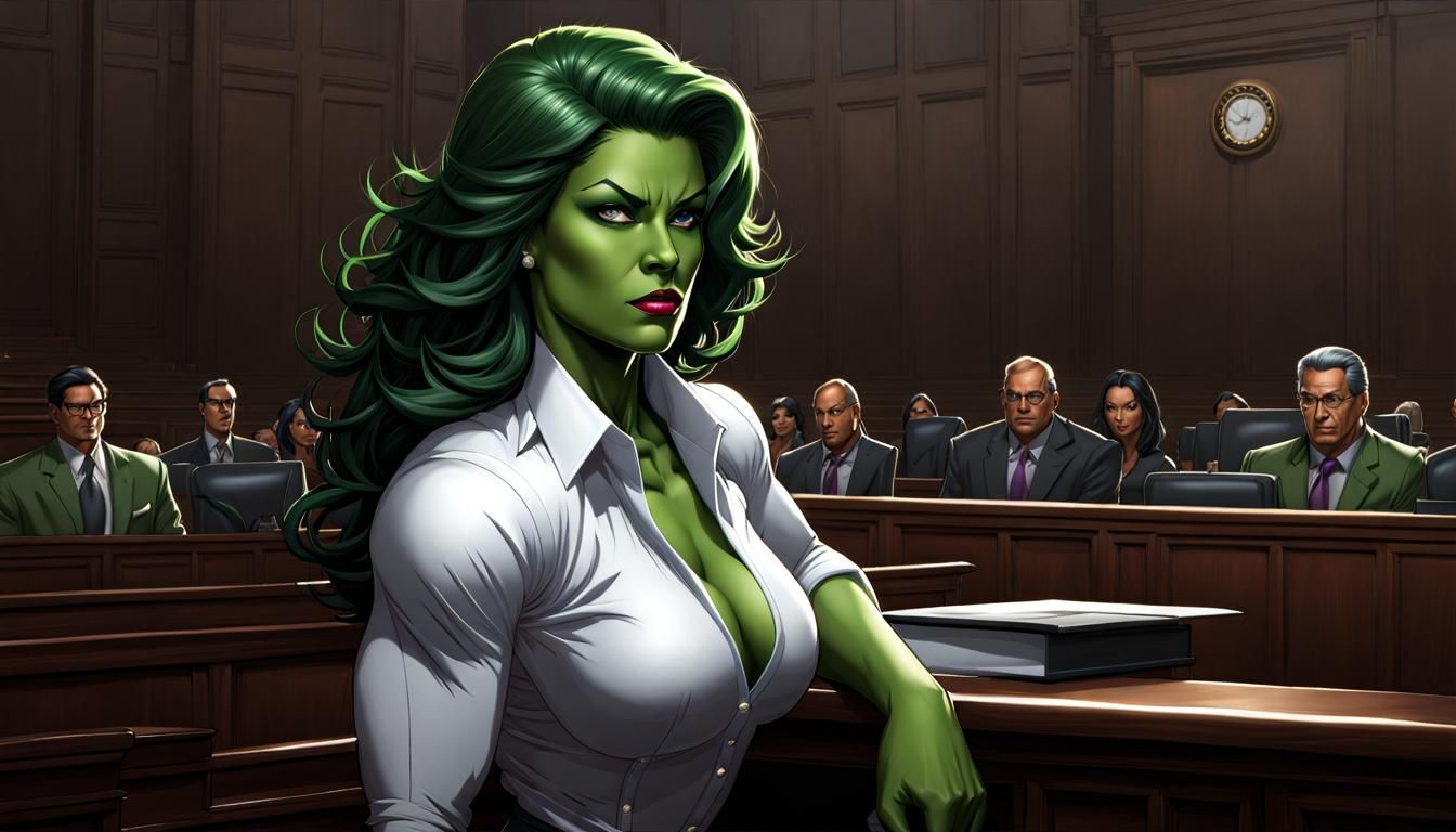 Hyperrealistic She-Hulk in Courtroom Scene