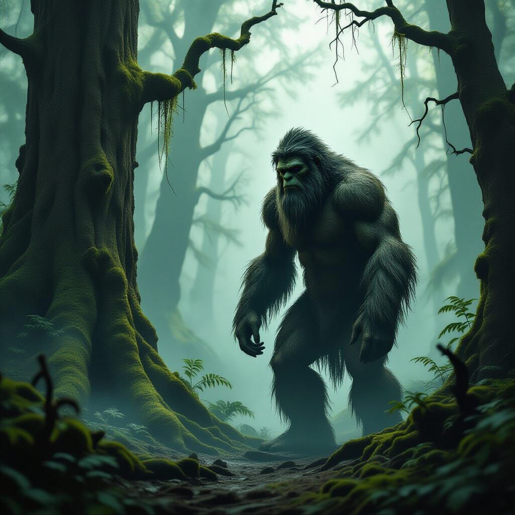 Bigfoot in Misty Forest, Dark Fantasy Concept Art