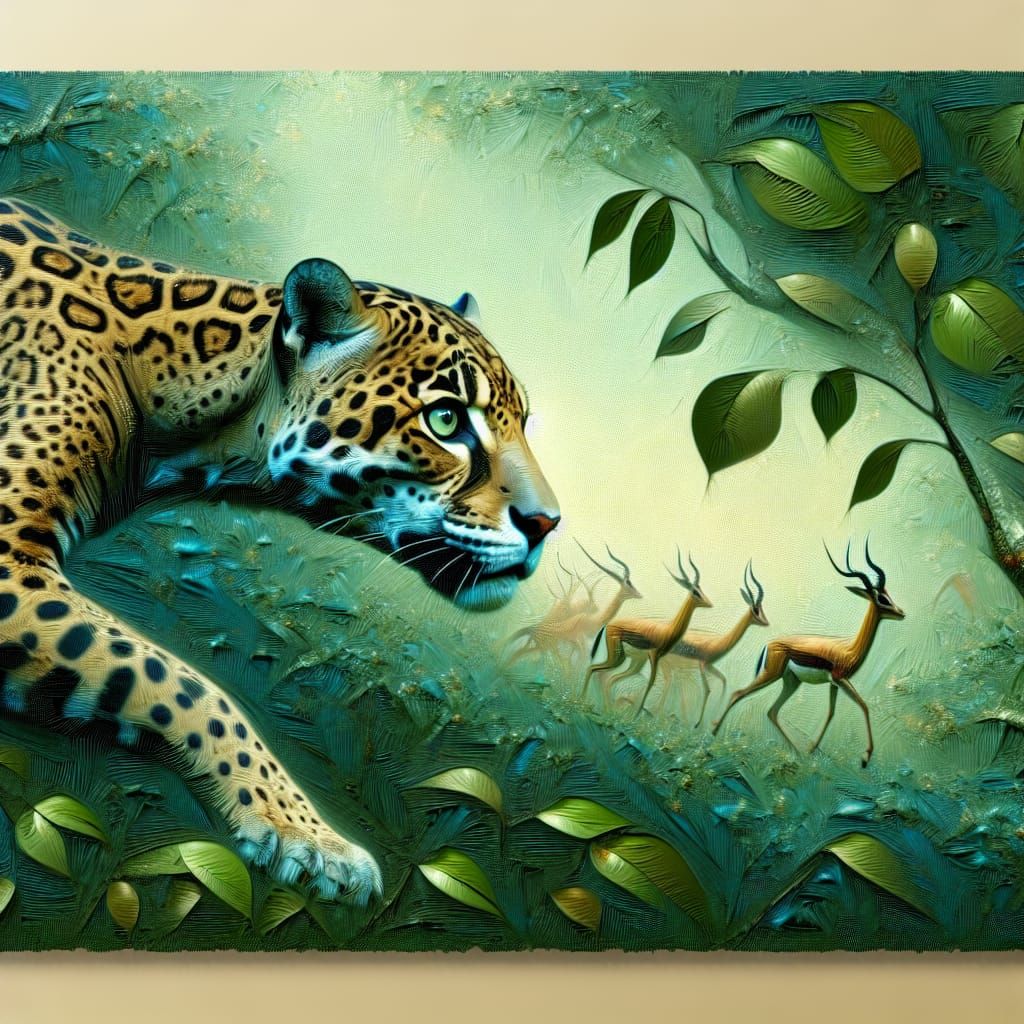 Jaguar Hunting in Serengeti Wilderness as Oil Painting