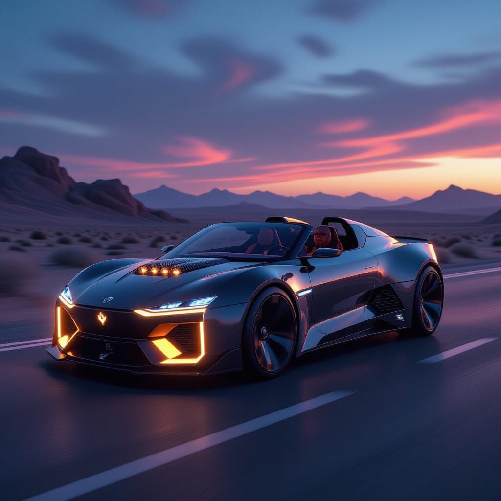 Futuristic 12-Cylinder Car Speeds Through Desert