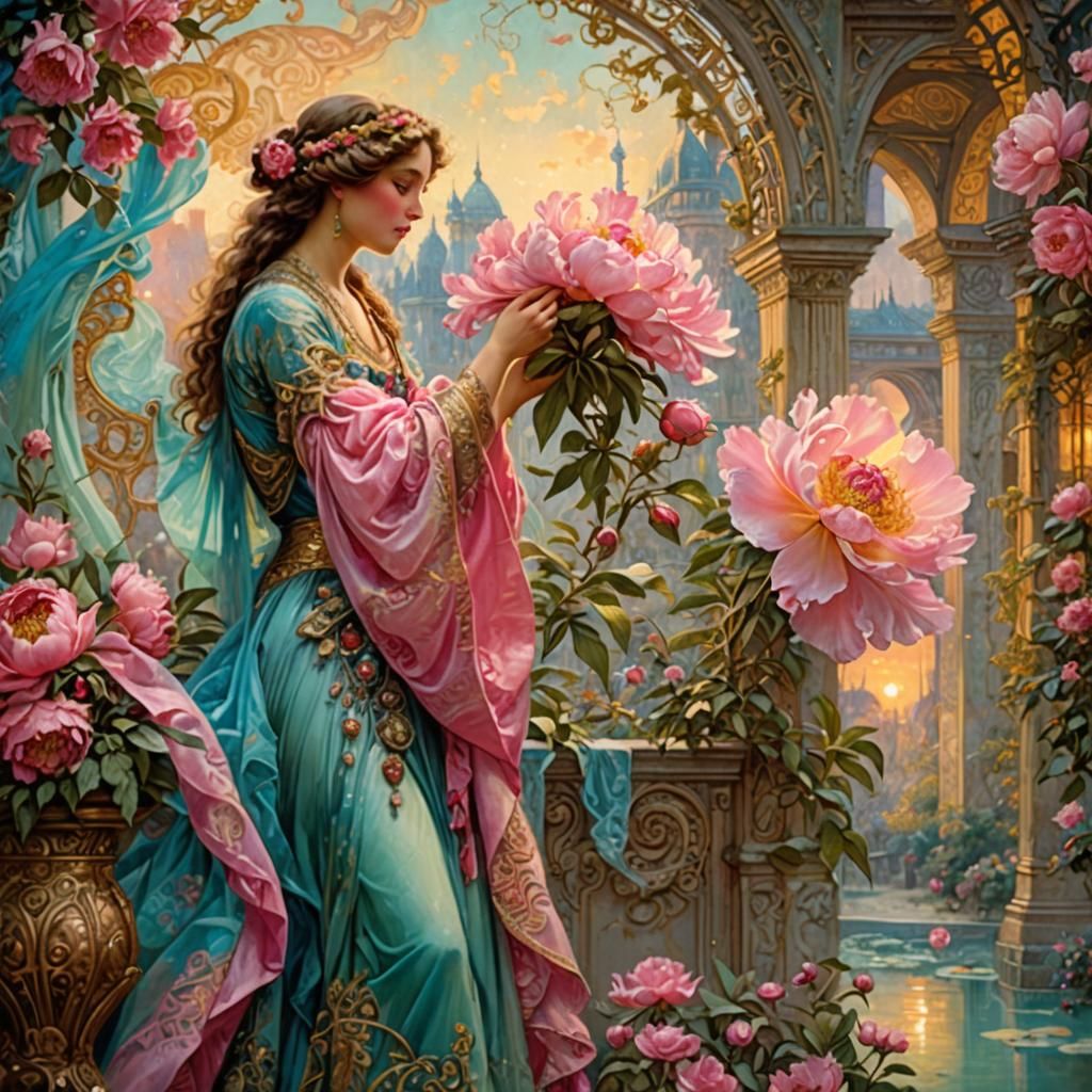 Paris Expo Woman with Peony in Art Nouveau Style
