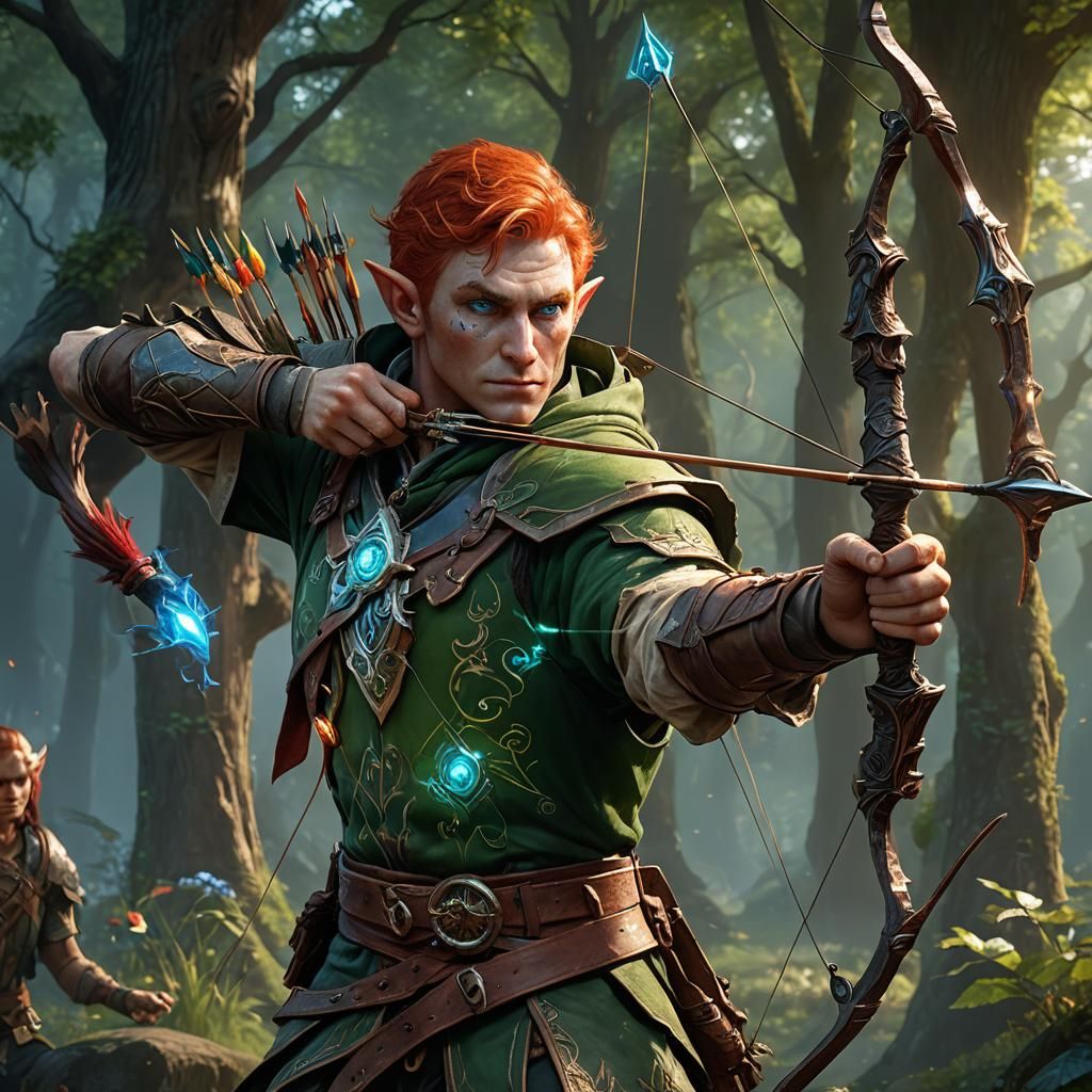 Mischievous Elf Archer with Glowing Symbol: Dark Fantasy Art