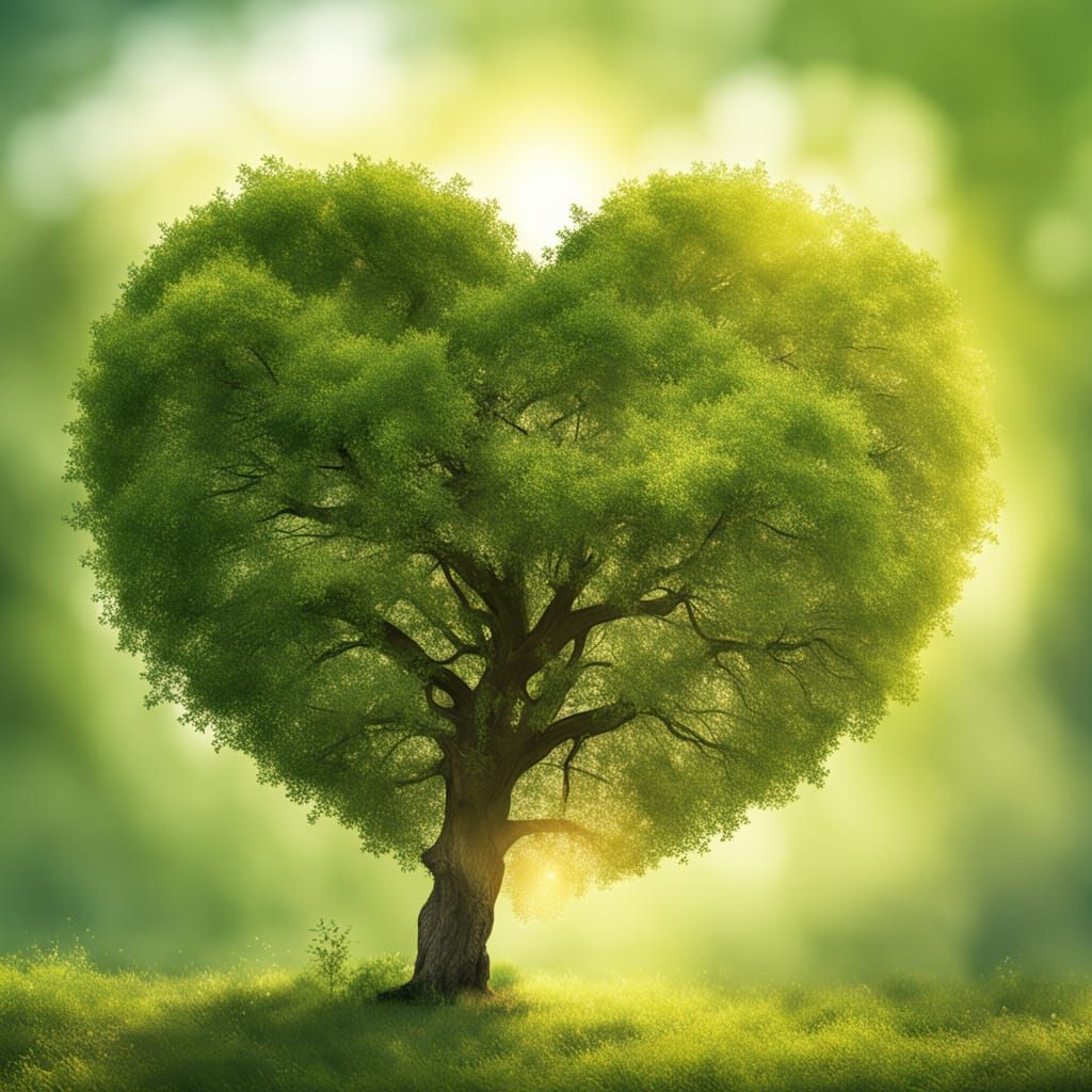 Blooming Old Tree Forms Heart in Vibrant Digital Art