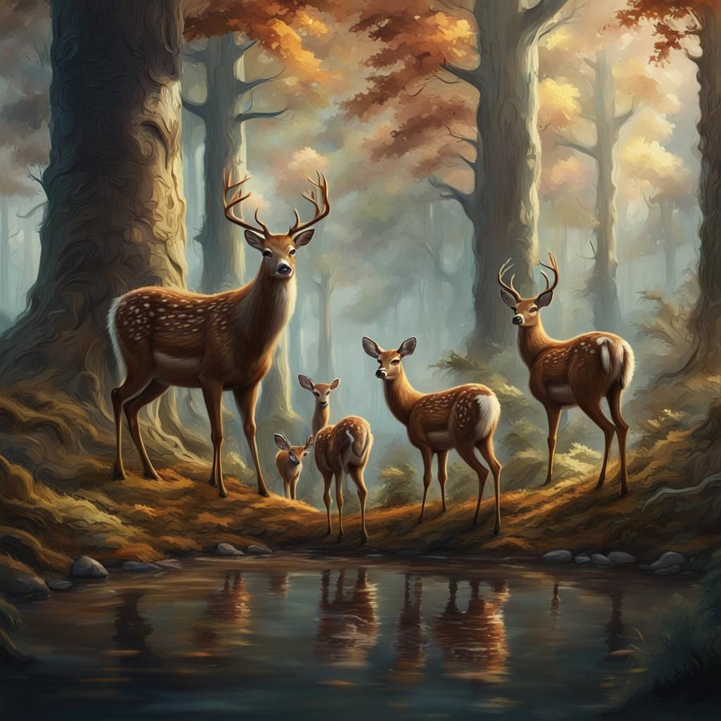 Deer Family in Forest, Oil Painting Style