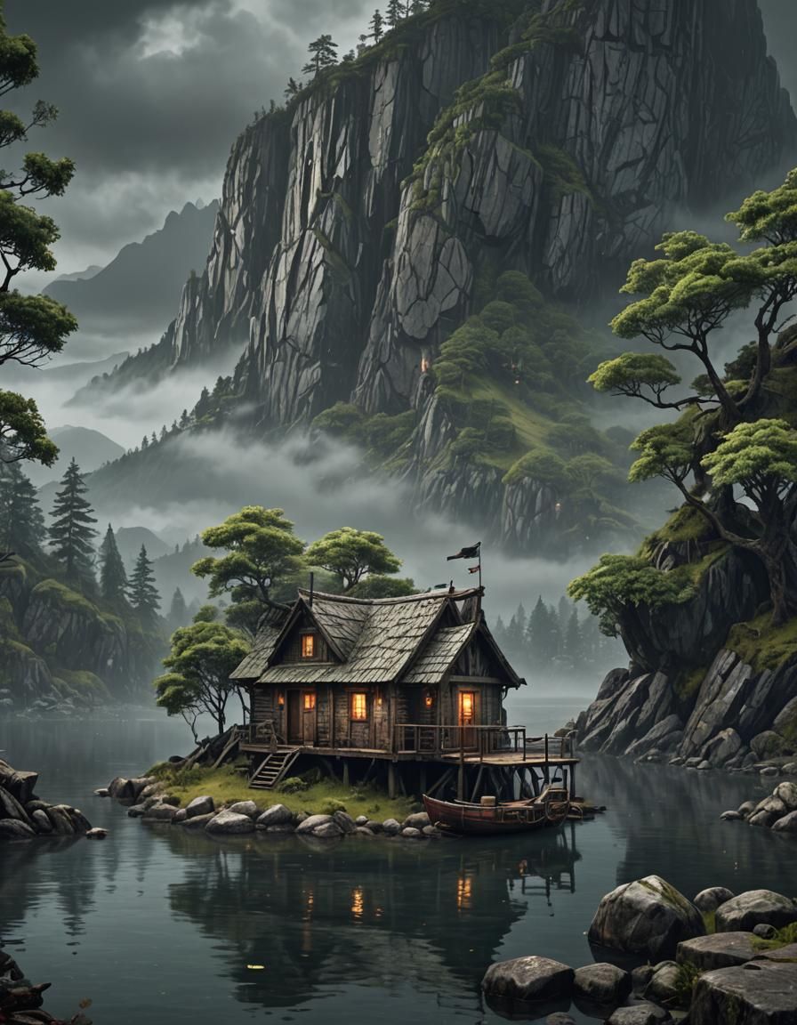 Eerie Cabin on Misty Island in RPG Style