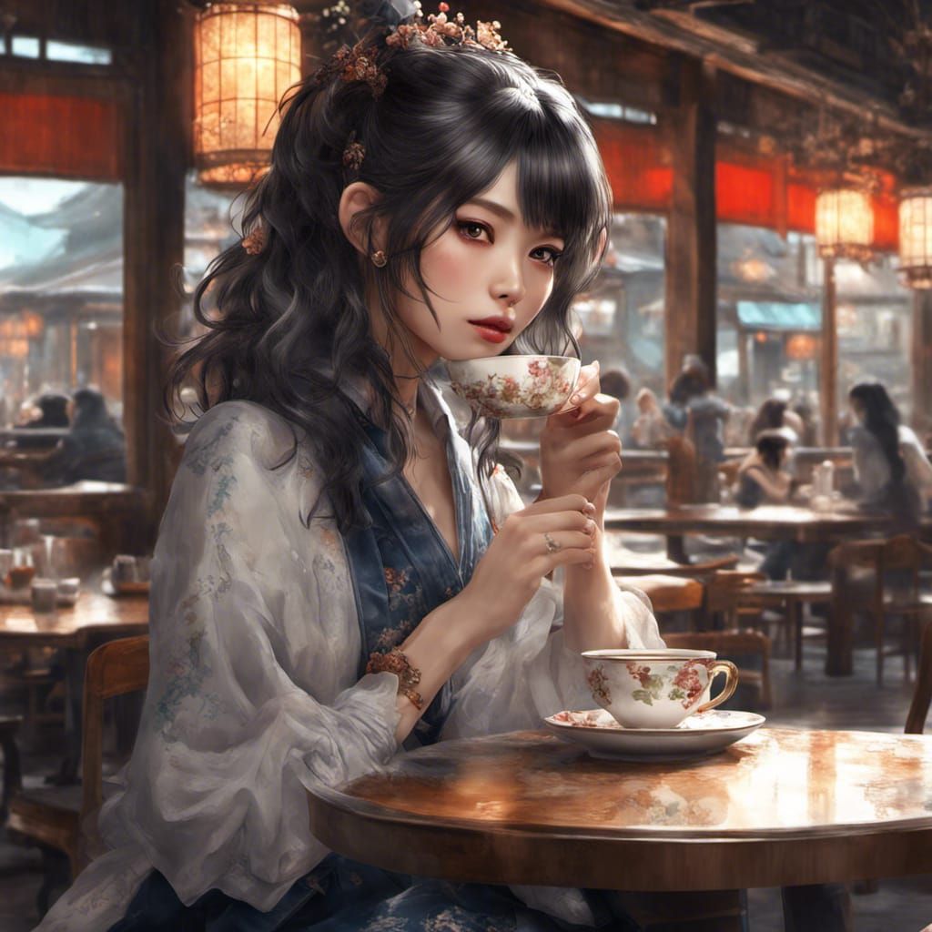 Beautiful Japanese Girl Drinking Tea, Matte Painting