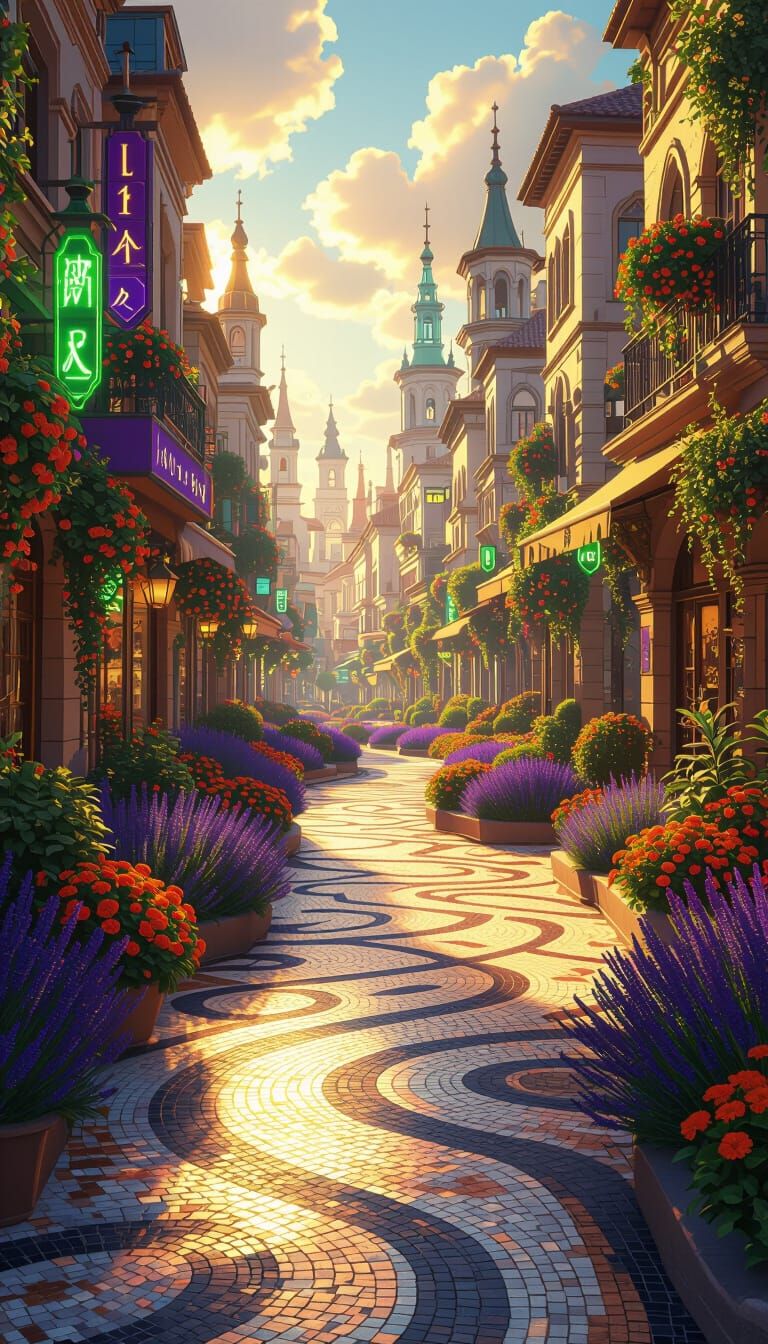 Vibrant City Square with Mosaic Paths and Neon Glow