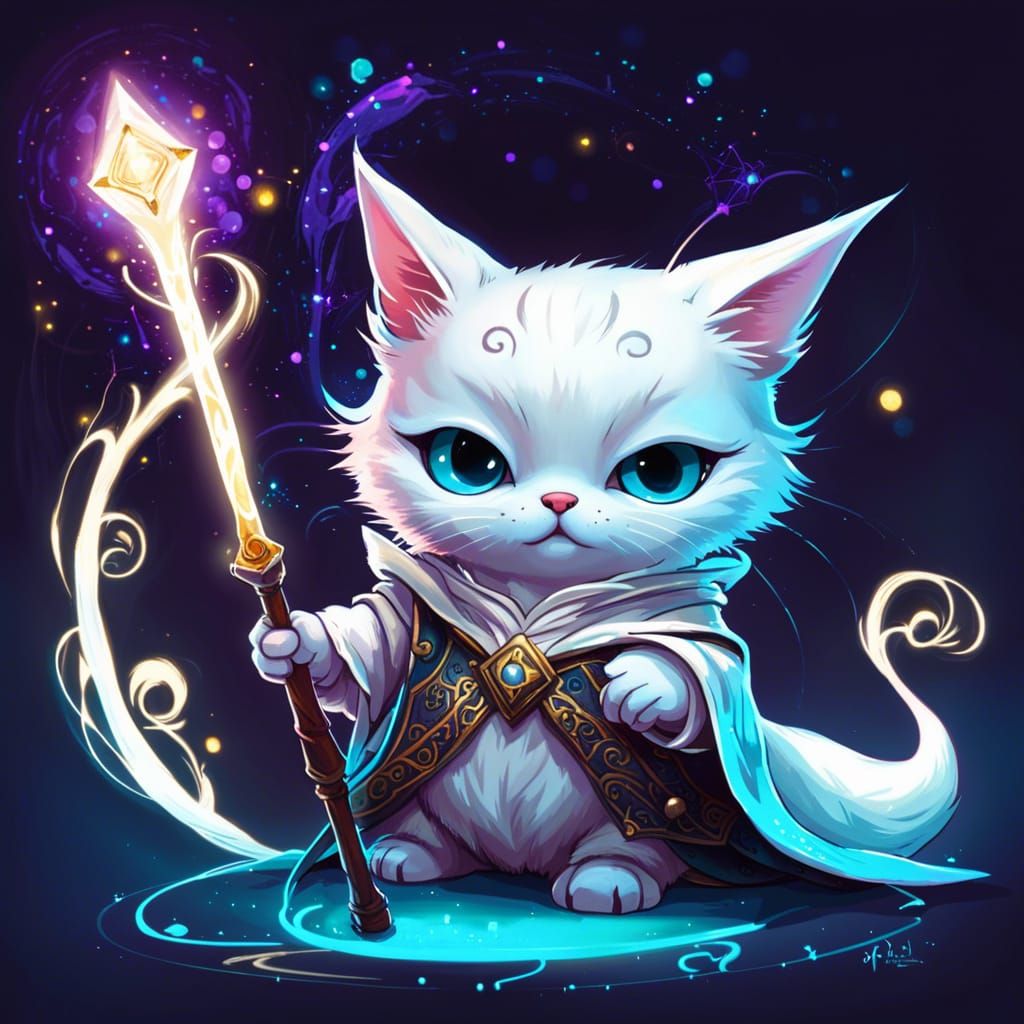 Cute Baby White Wizard Cat Digital Illustration