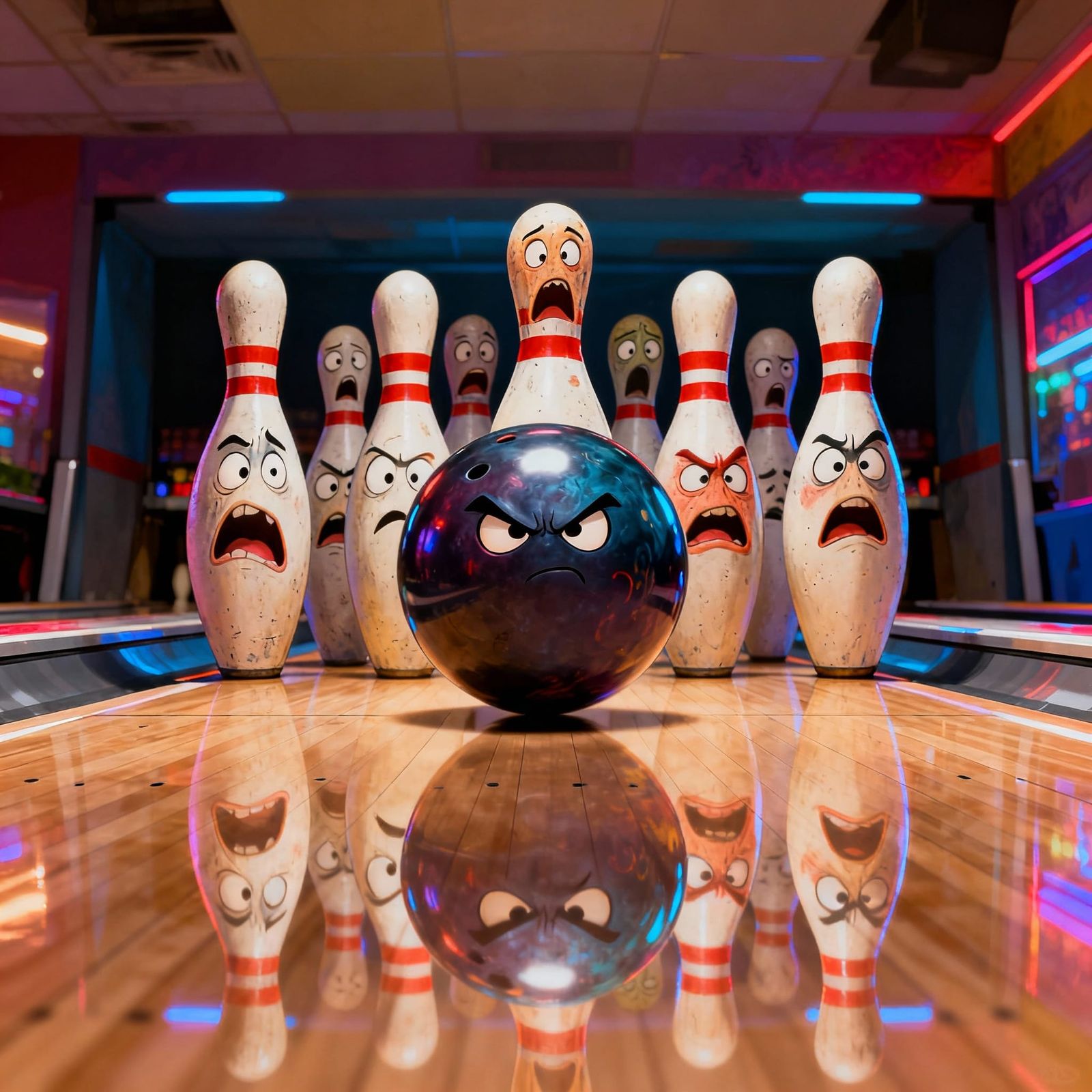 Terrified Bowling Pins Face Approaching Ball