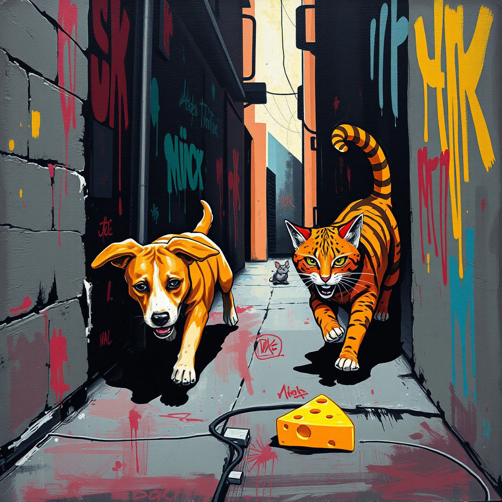 Dynamic Street Art Corner with Chasing Animals