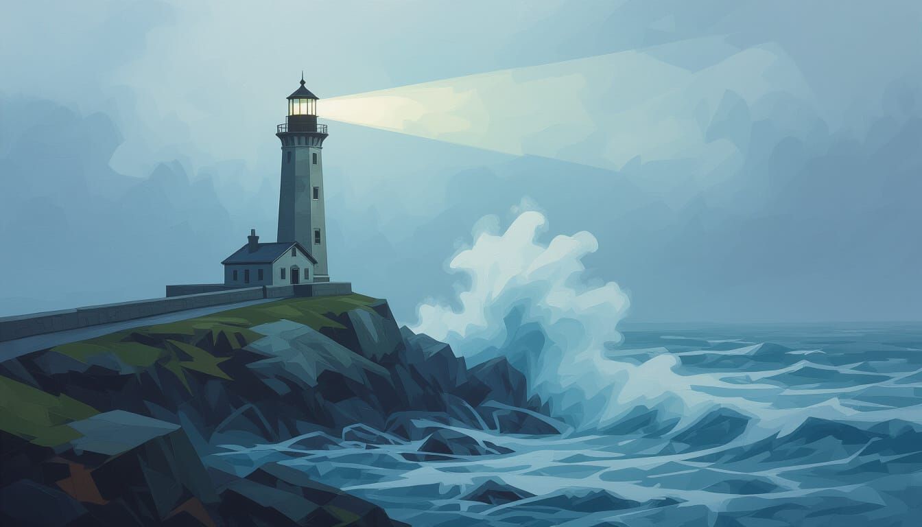 Moody Lighthouse in Fog with Powerful Wave