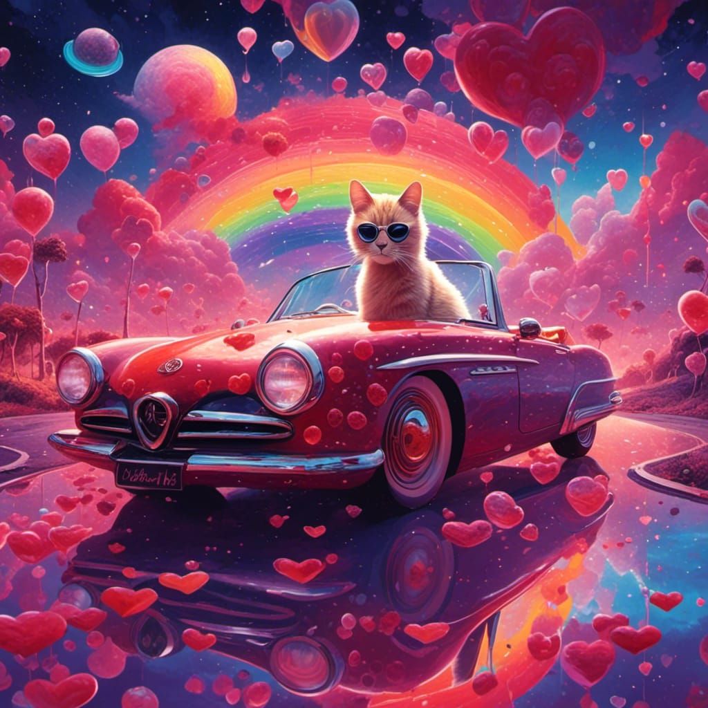 Blonde Cat Driving Rainbow Road in Fantasy Landscape