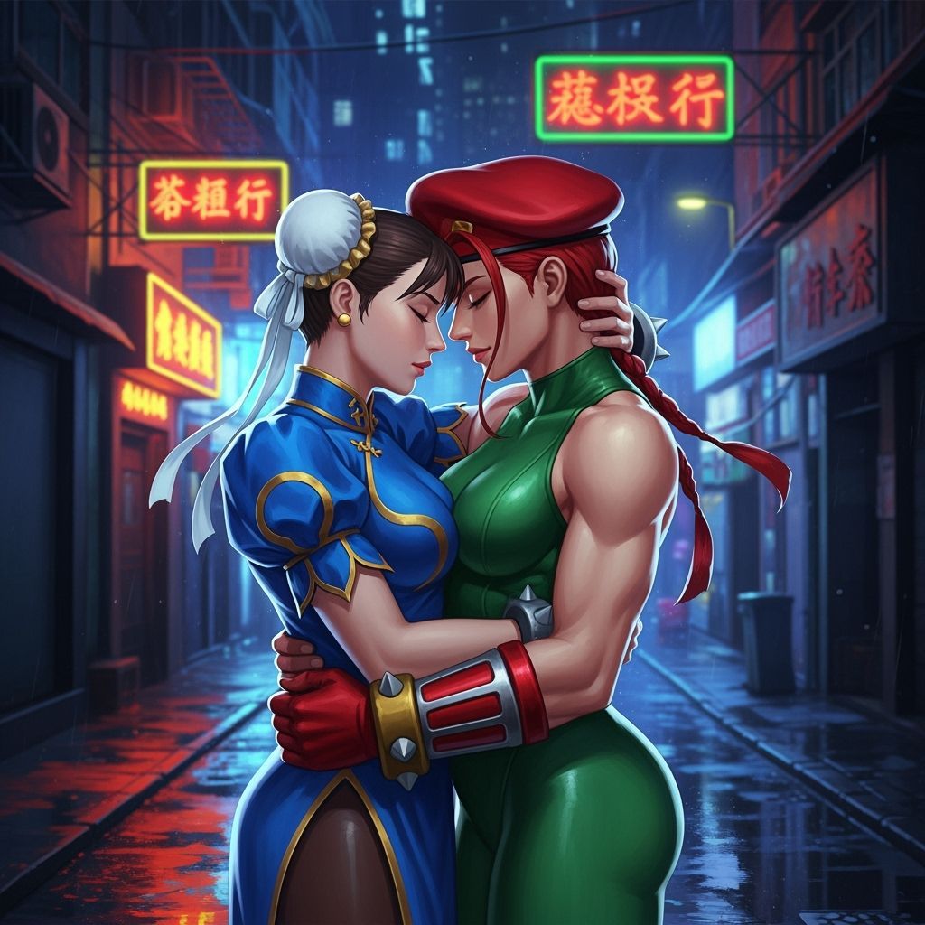 Chun-Li and Cammy: Romantic Embrace in Neon Alleyway