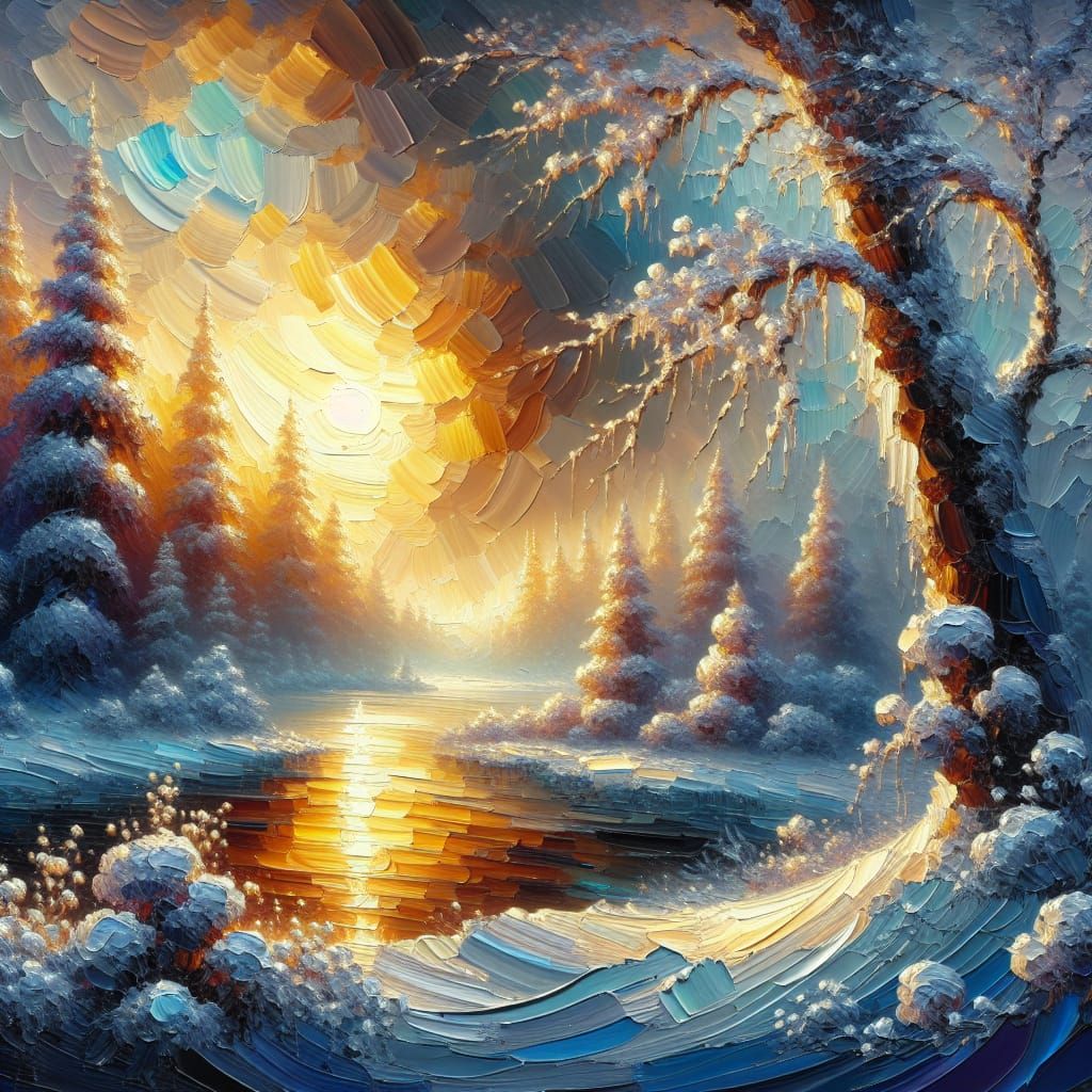 Serene Winter Landscape in Impasto Acrylic Style