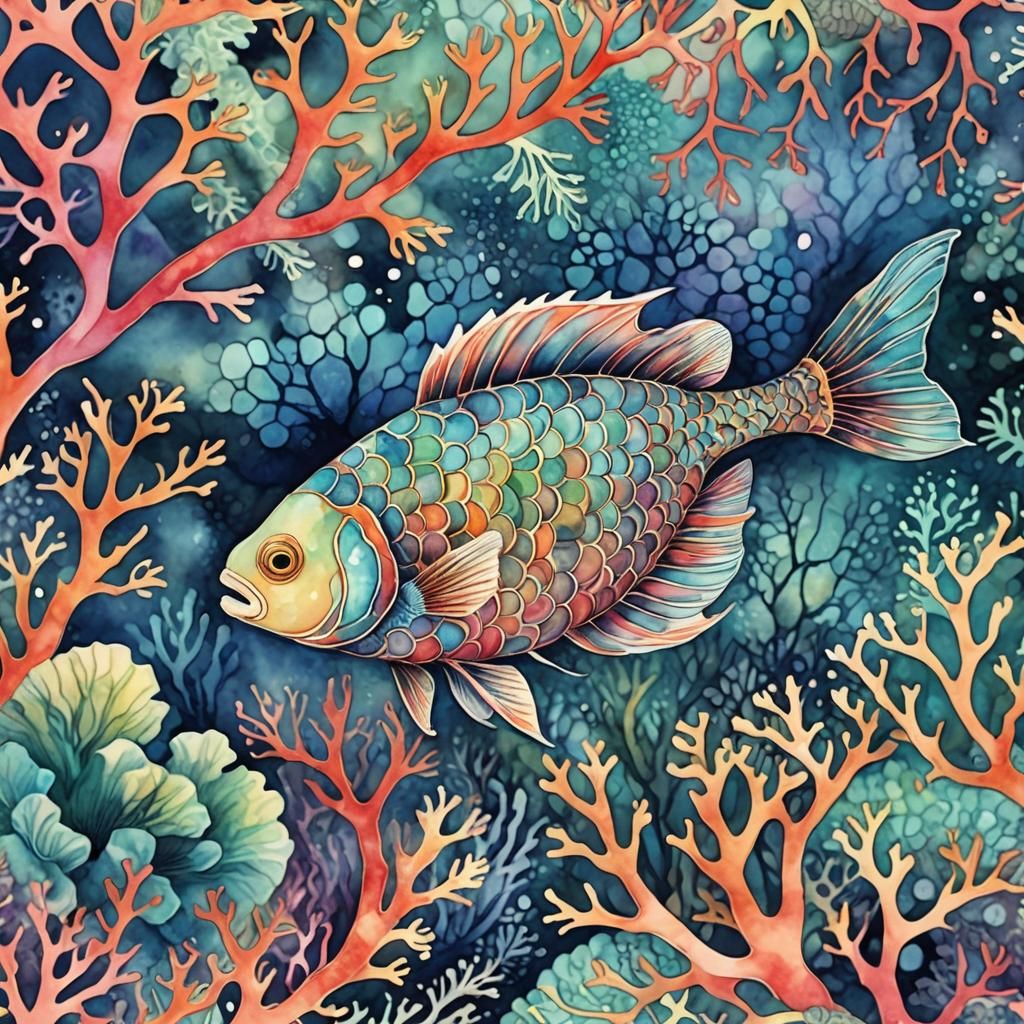 Fish Swimming in Coral Reef Watercolour