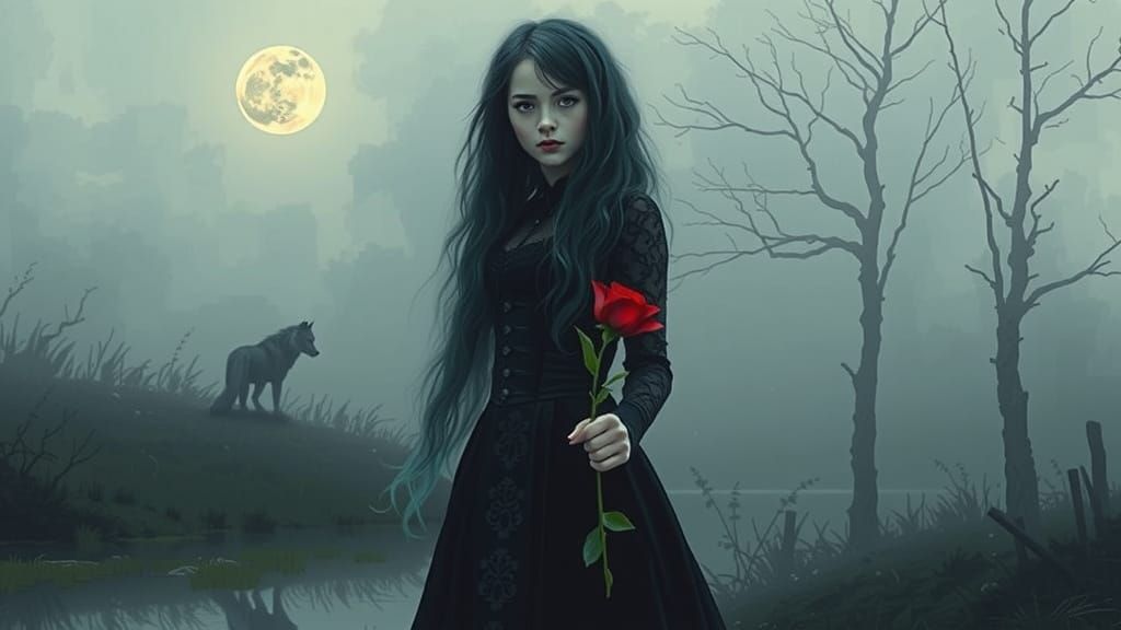 Ethereal Woman with Wolf in Japanese Ink Wash Style