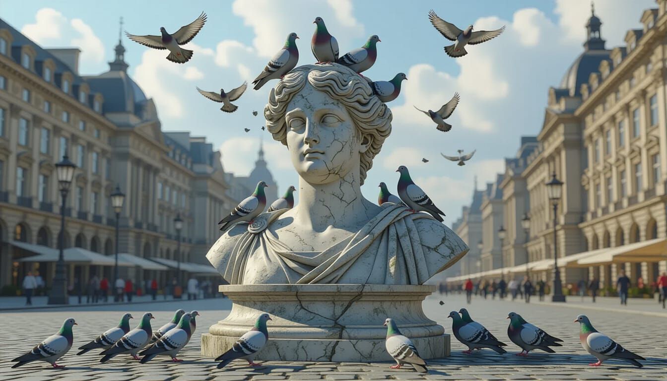 Pigeons Overwhelm Marble Statue in Bustling City Square