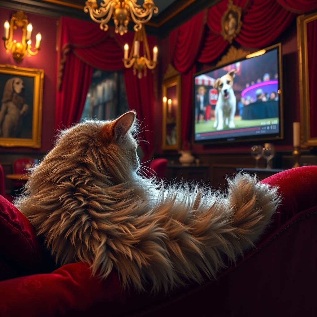 Luxurious Cat Watches Dogs on High-Definition Smart TV