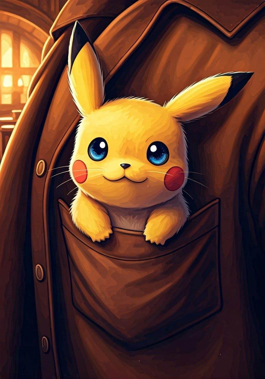 Whimsical Pikachu Peer from Coat Pocket in Enchanted Tavern