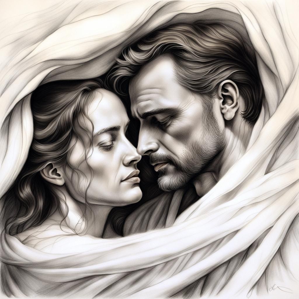 Passionate Embrace in Space: Charcoal Art Nouveau Drawing