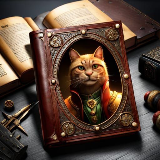 Ornate Cat Portrait on Leather Book Cover