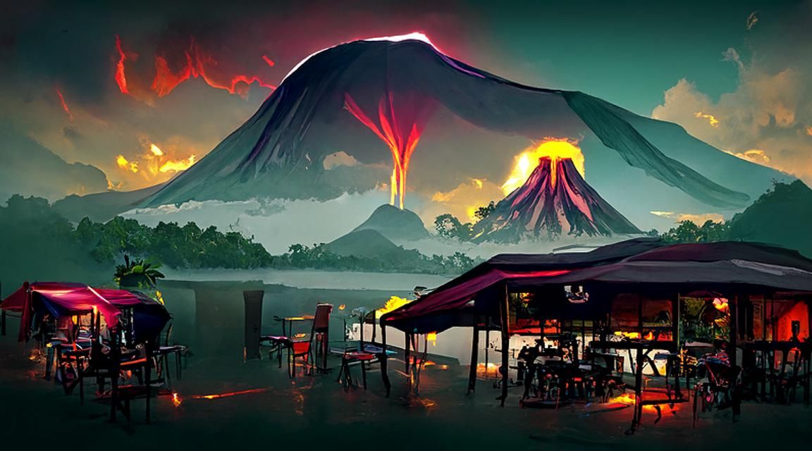 Lively Amazon Cafe with Volcano, Digital Artwork