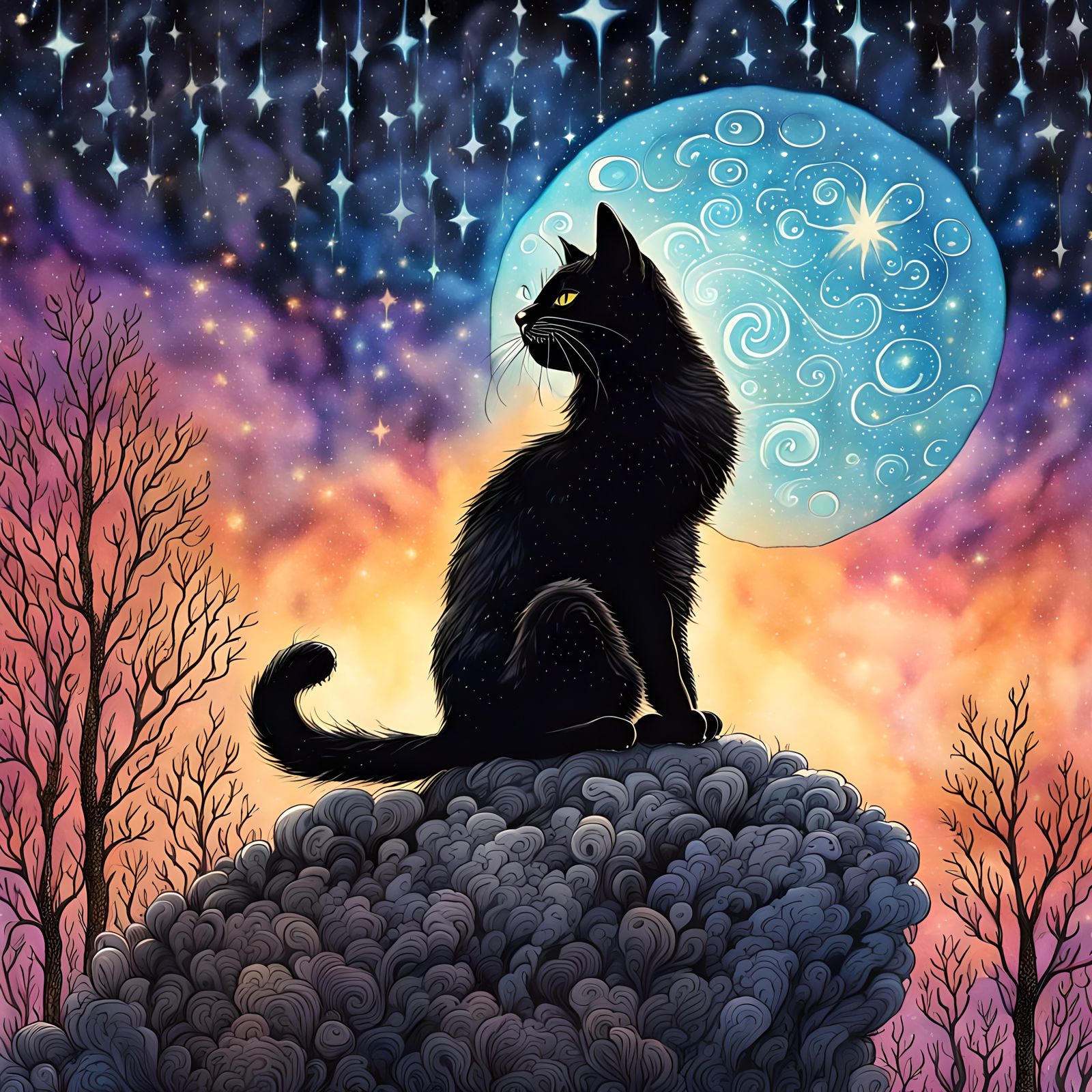 Intricate beautiful cat wizard, detailed fantasy background, magic, Hyperrealistic, splash art, concept art, mid shot, i...