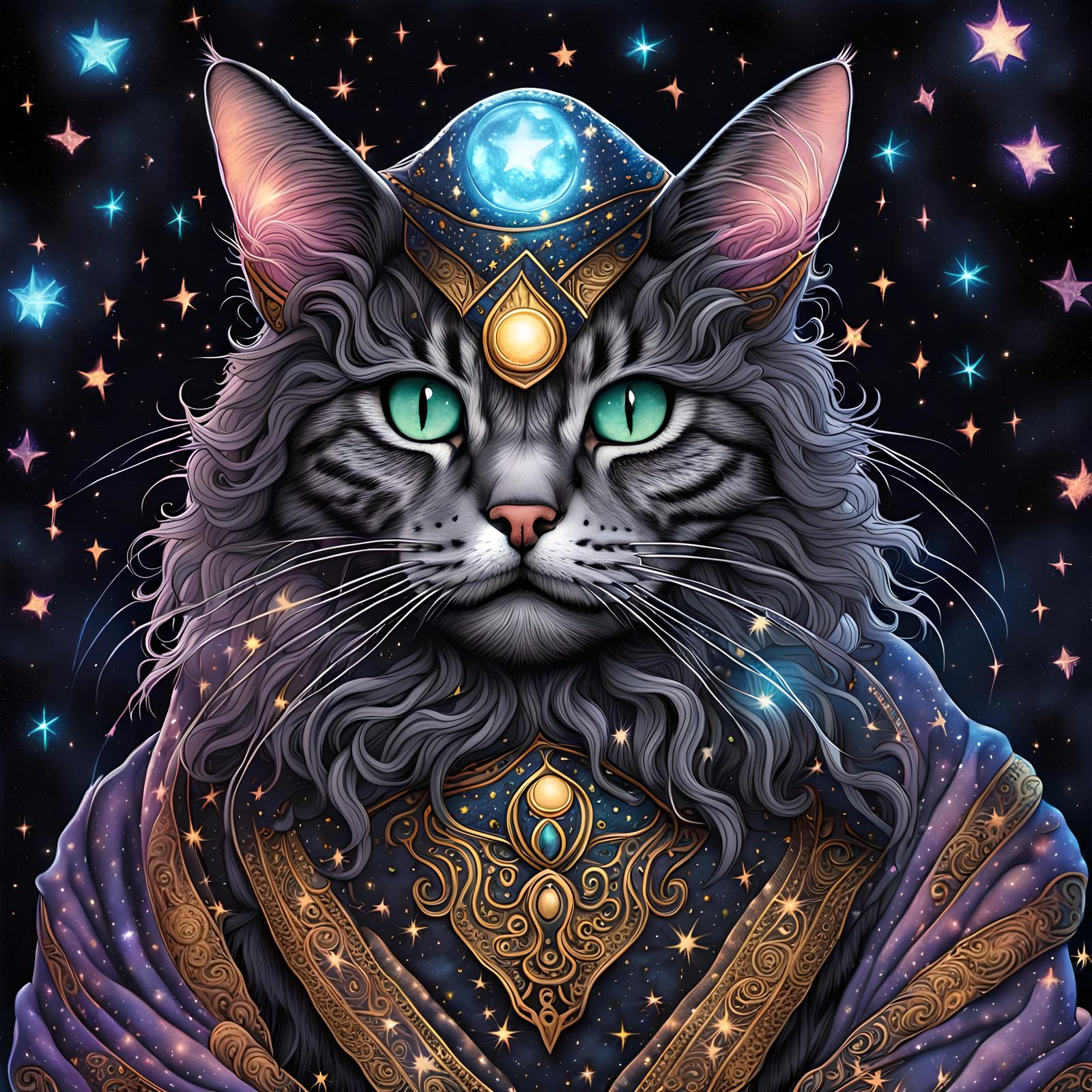 Intricate beautiful cat wizard, detailed fantasy background, magic, Hyperrealistic, splash art, concept art, mid shot, i...