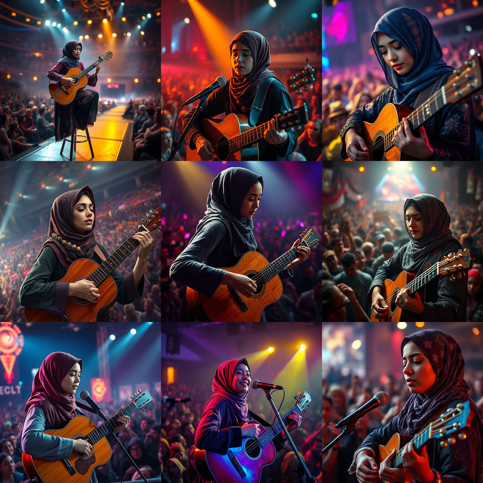 Concert Photo of Guitarist Wearing Hijab in Matte Painting