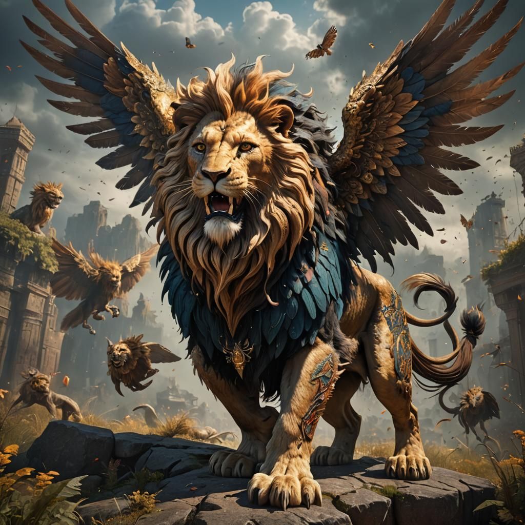 Winged Lion Creature with Eyes: Fantasy Concept Art