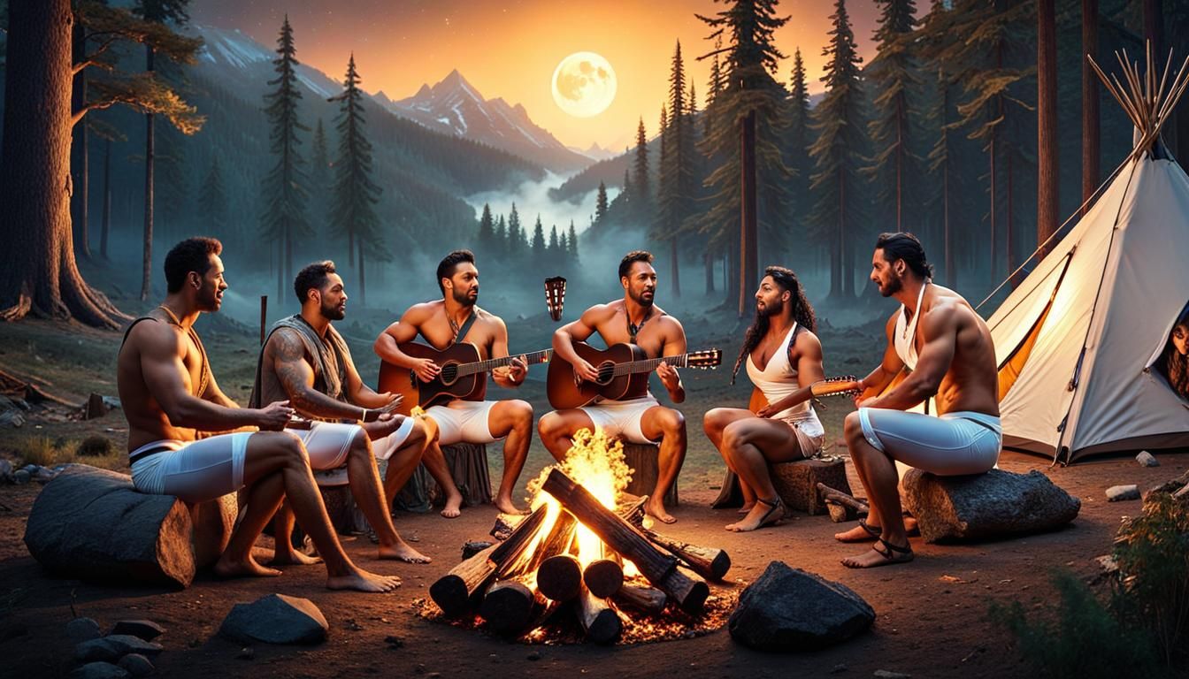 Campfire Musicians with Dancing Woman Under New Moon